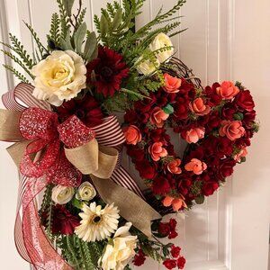 Crafted Winter Holiday Door Wreath with Heart Shape Wood Blooms